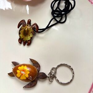 Wooden Hand Carved Sea Turtle Pendant and Keychain Set
